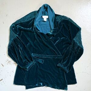 Soft Surroundings Velvet Teal Green Crochet Tunic Robe With Belt Top Women's S